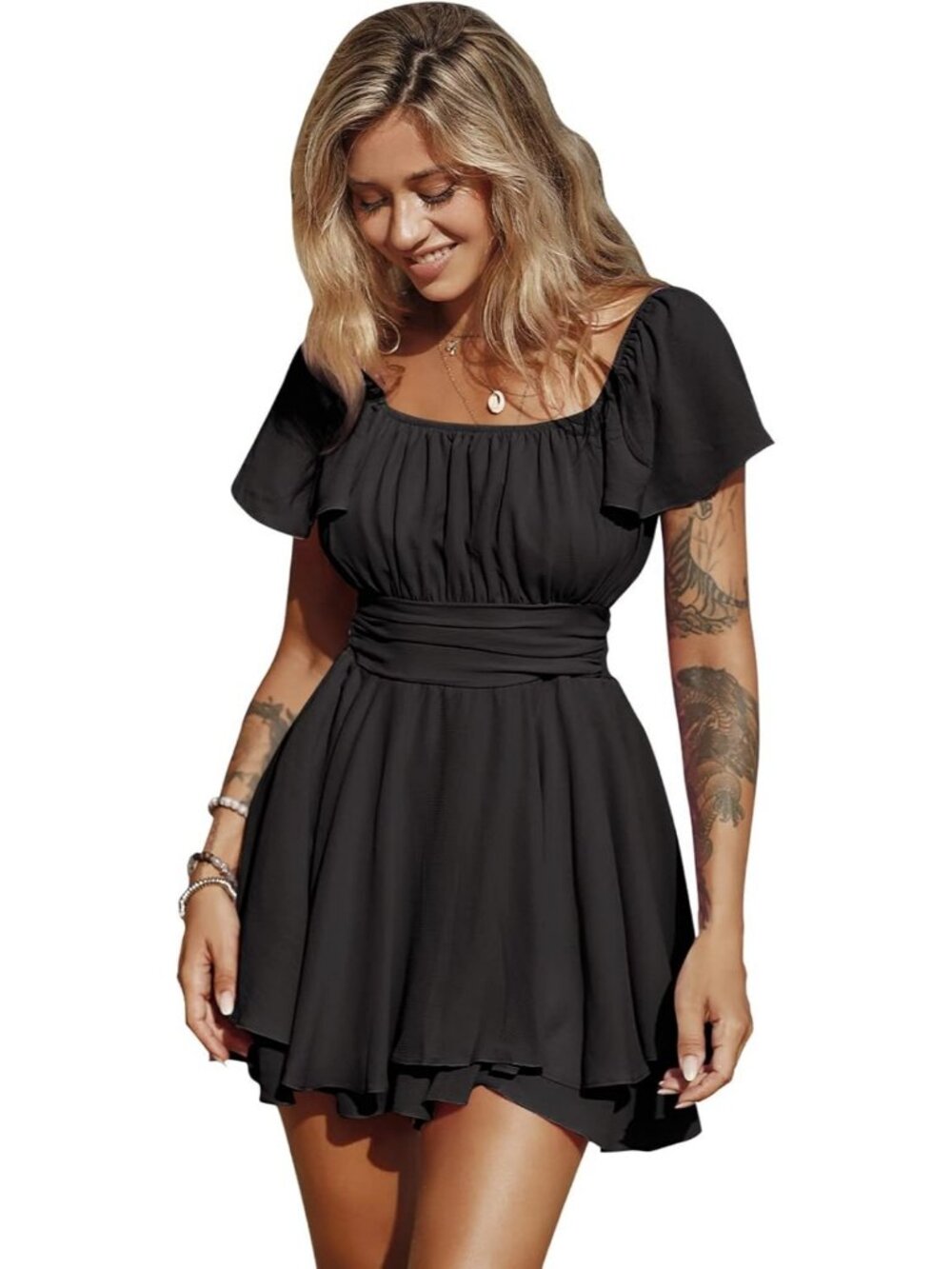 Women's Black Ruffle Short Sleeve Tie Back Square Neck Polyester Romper